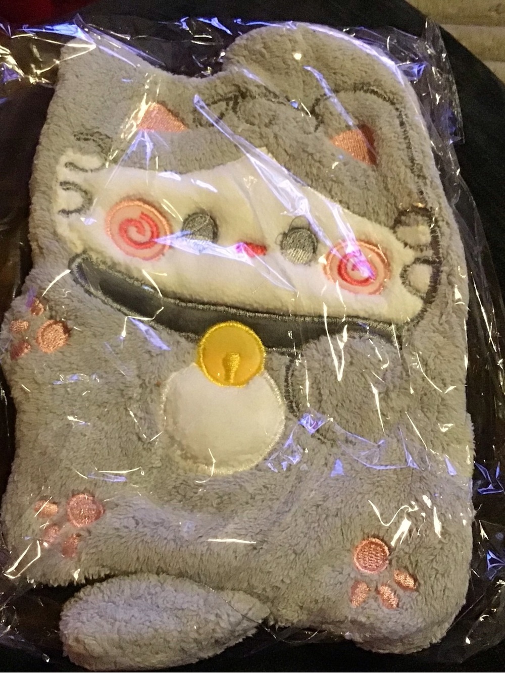 Plush Gray Cat Hand towel with Pink Accents